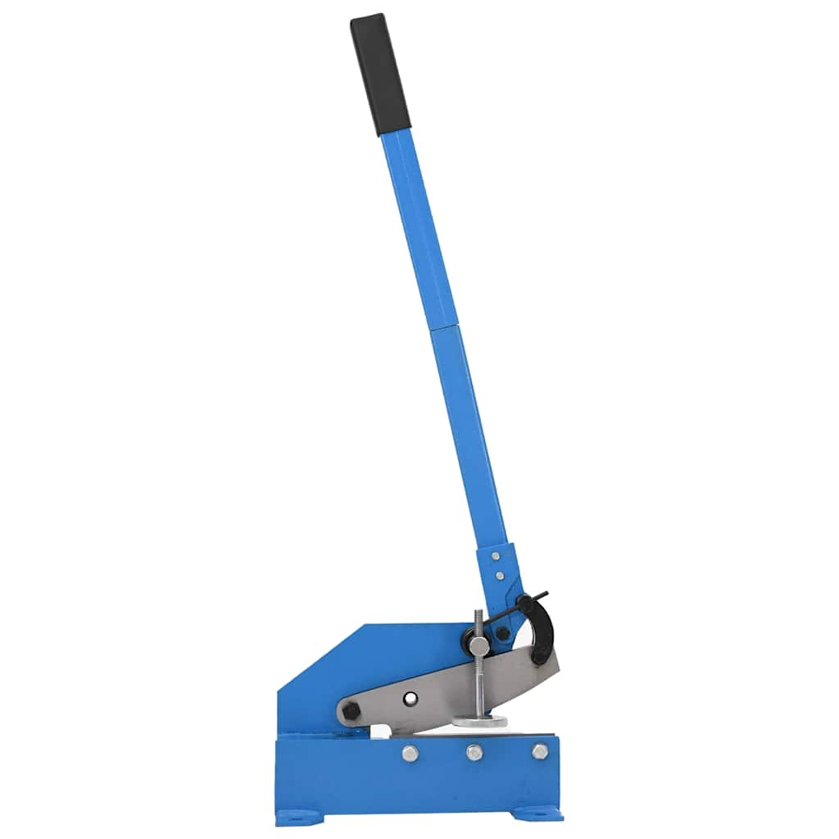 Una cesoia manuale per metallo blu con manico nero è mostrata su sfondo bianco.