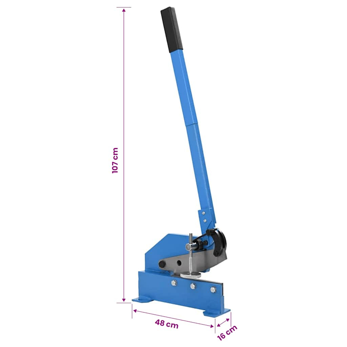 Cesoia metallica blu con leva, dimensioni 107x48x16cm.