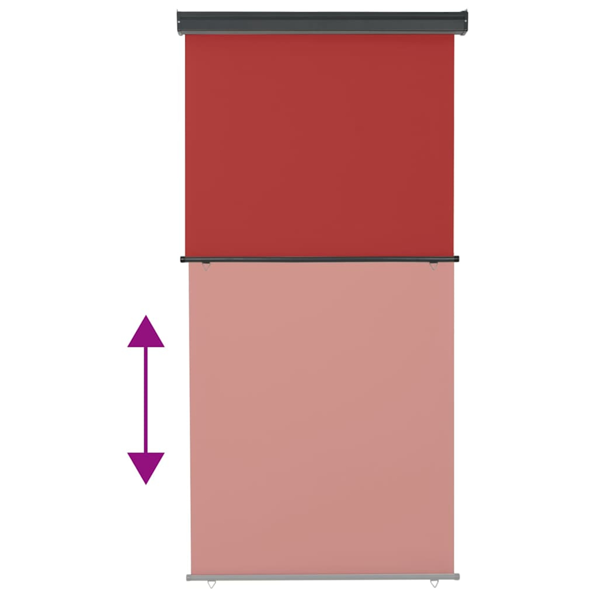 Una tenda a rullo rossa e una rosa con frecce che indicano la regolabilità.