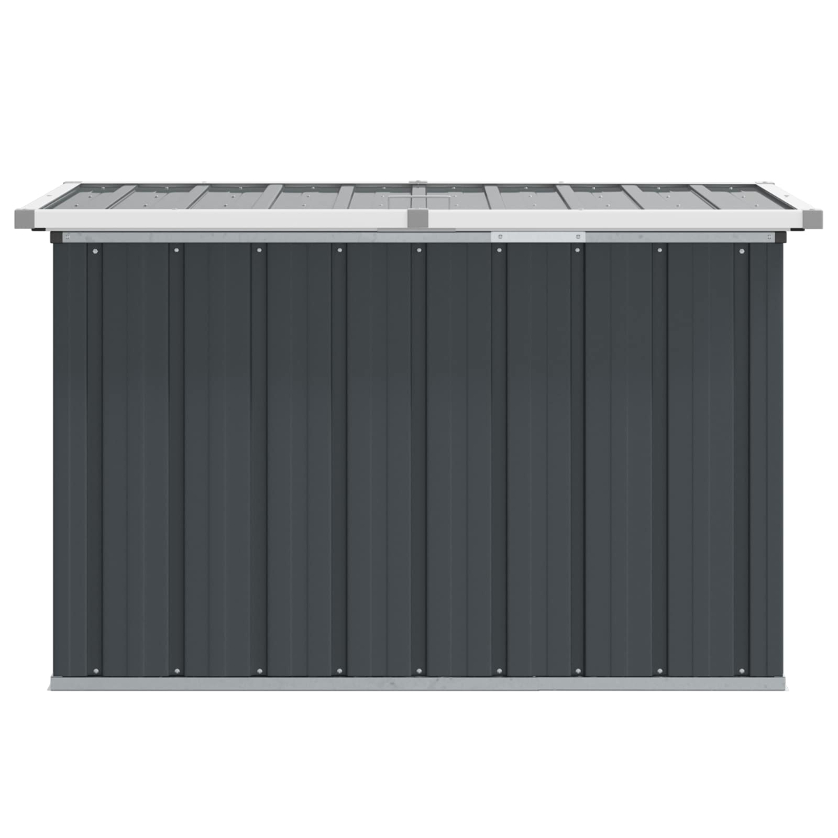 Contenitore in metallo grigio scuro con tetto scanalato e finiture argentate.