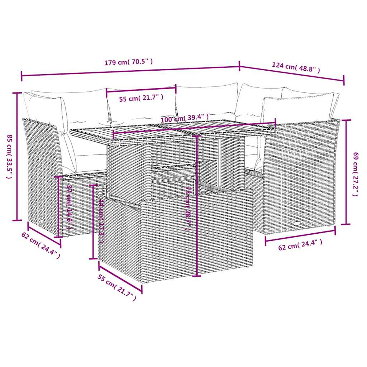 Geflochtenes Gartenmöbelset mit Tisch und Sitzgelegenheiten, Maße angegeben.
