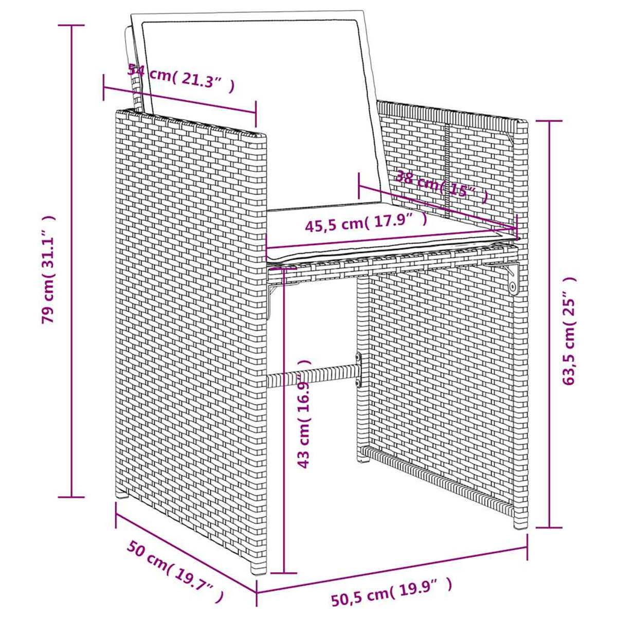 Zeichnung eines Korbstuhls mit Maßen. Gesamt H 79, B 50, T 50,5 cm. Sitz H 43, B 45,5 cm.