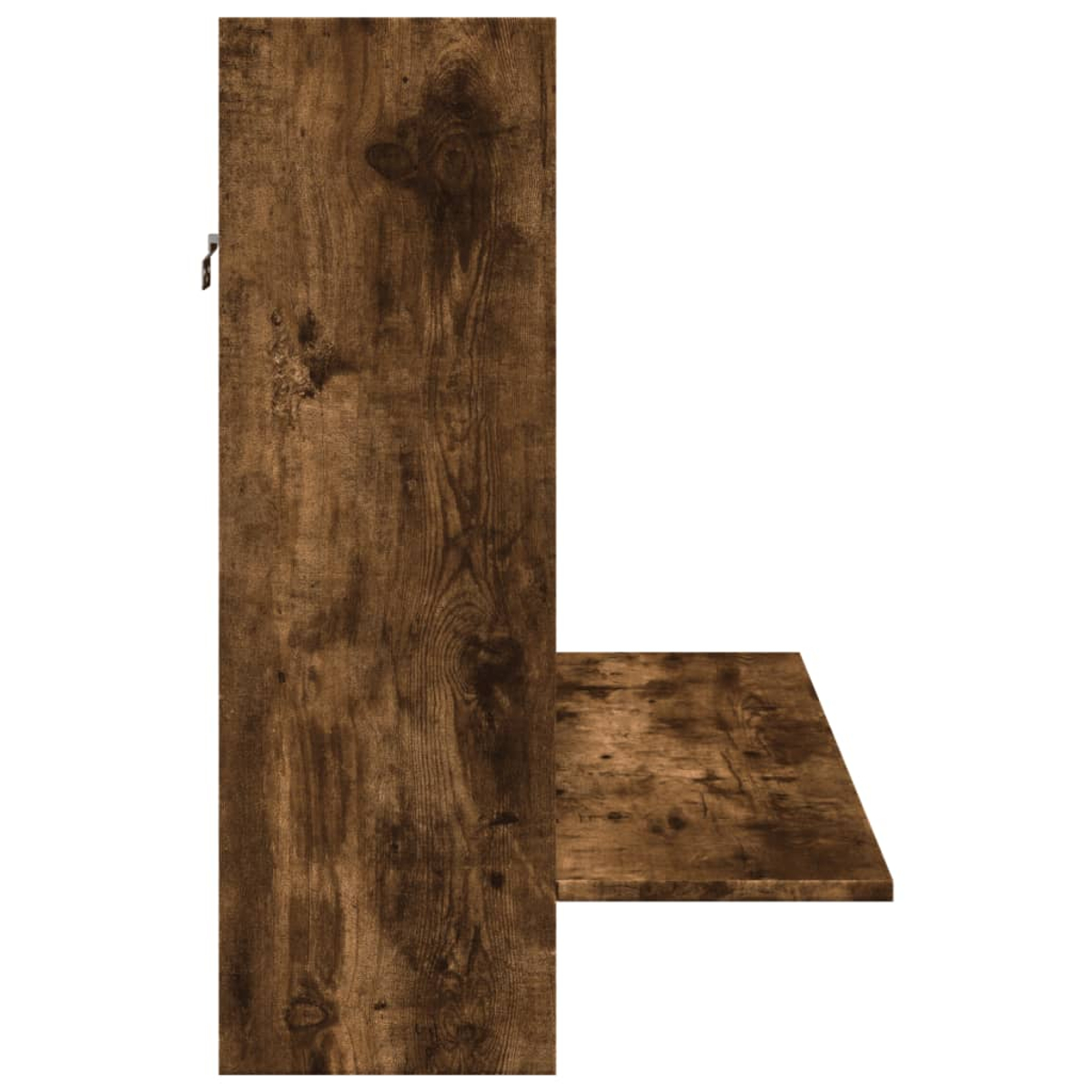 Ein vertikales und ein horizontales braunes Holzregal mit Maserung.