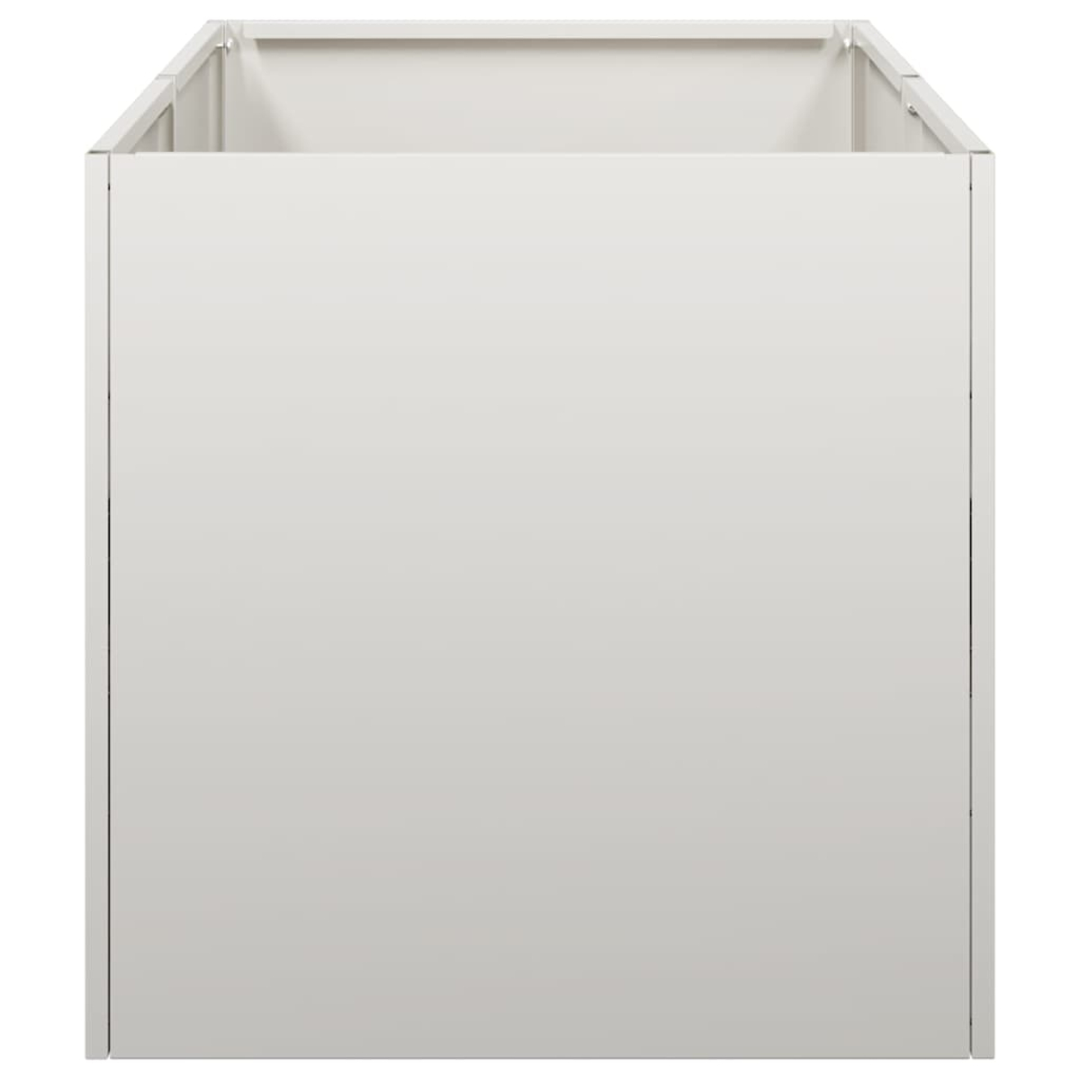 Un contenitore bianco e rettangolare con parte superiore aperta e bordi metallici.
