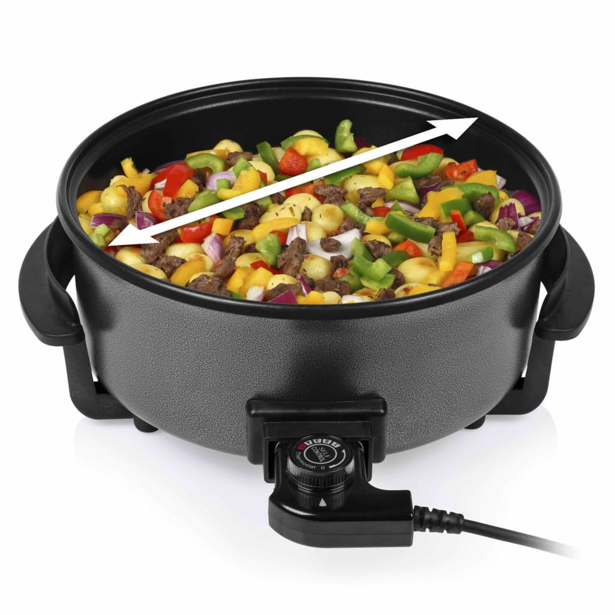 Una sartén eléctrica llena de verduras mixtas y carne, con control de temperatura.