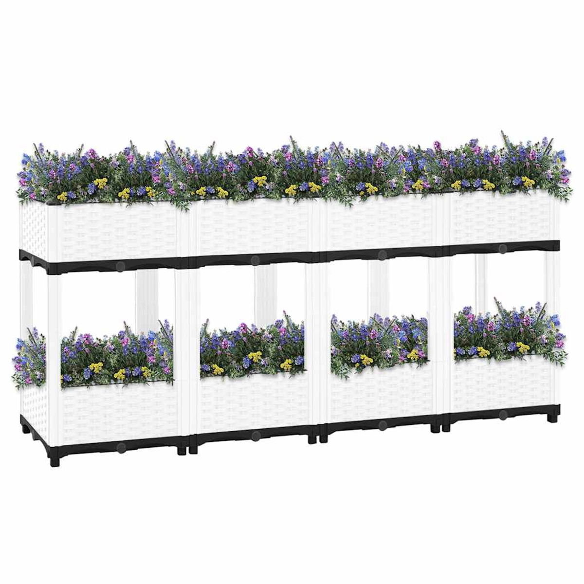Fioriere bianche a due livelli piene di fiori viola e gialli. Oltre 120 caratteri.
