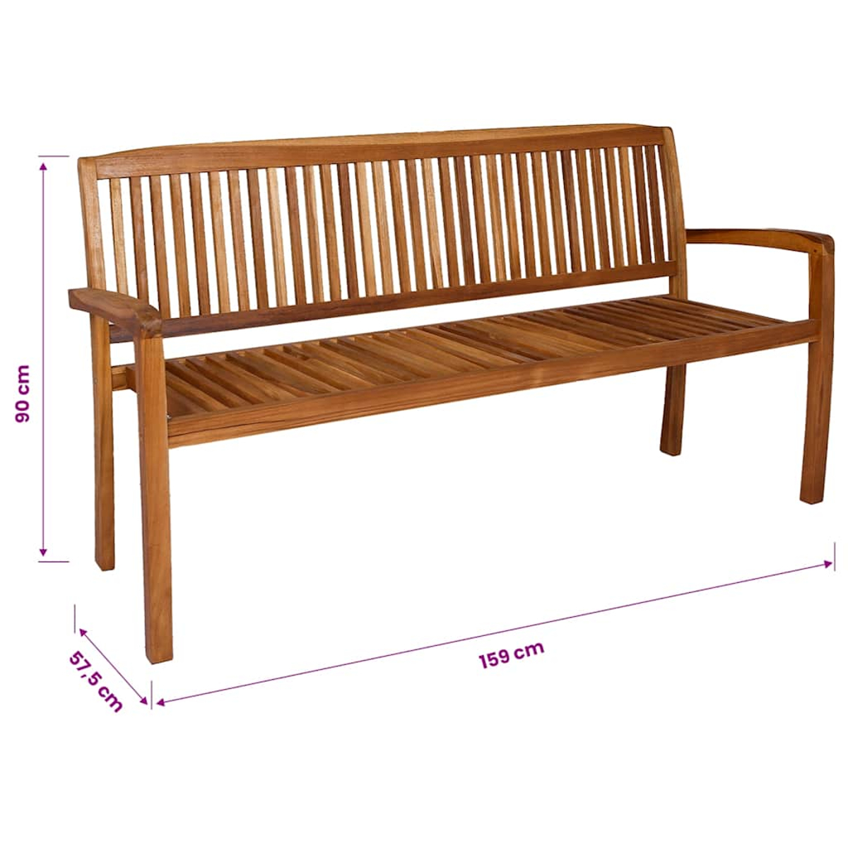 Holzbank mit Armlehnen, 159cm lang, 90cm hoch, 57,5cm tief.