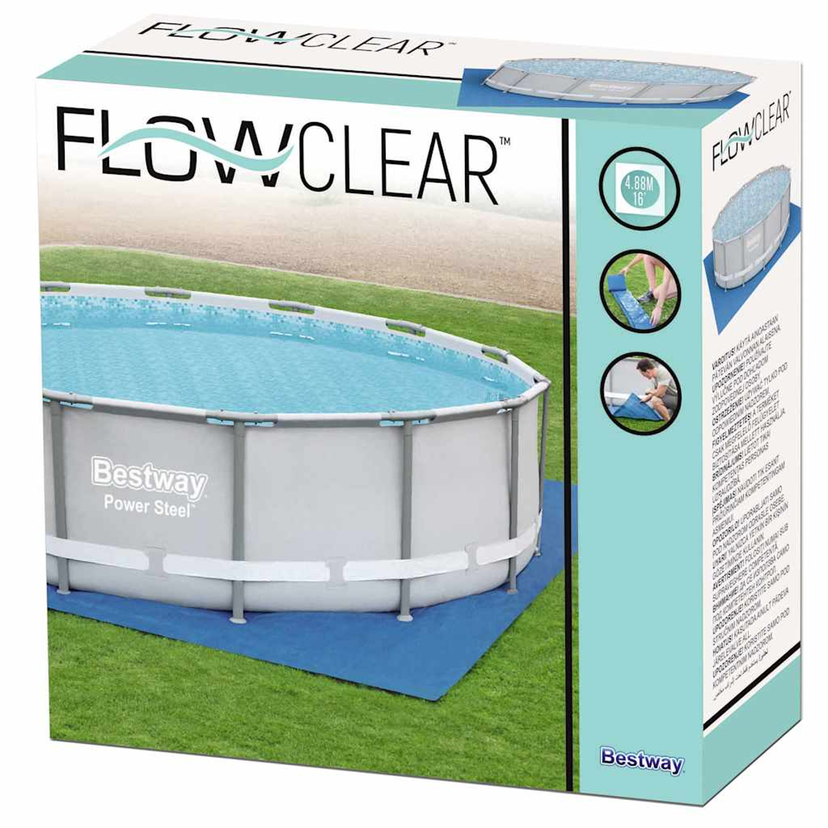 Piscina Bestway Power Steel su prato verde con telo di fondo blu.