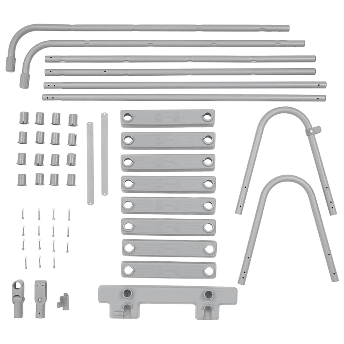 Graue Metallrohre, Verbinder und Stangen für ein Gestell.