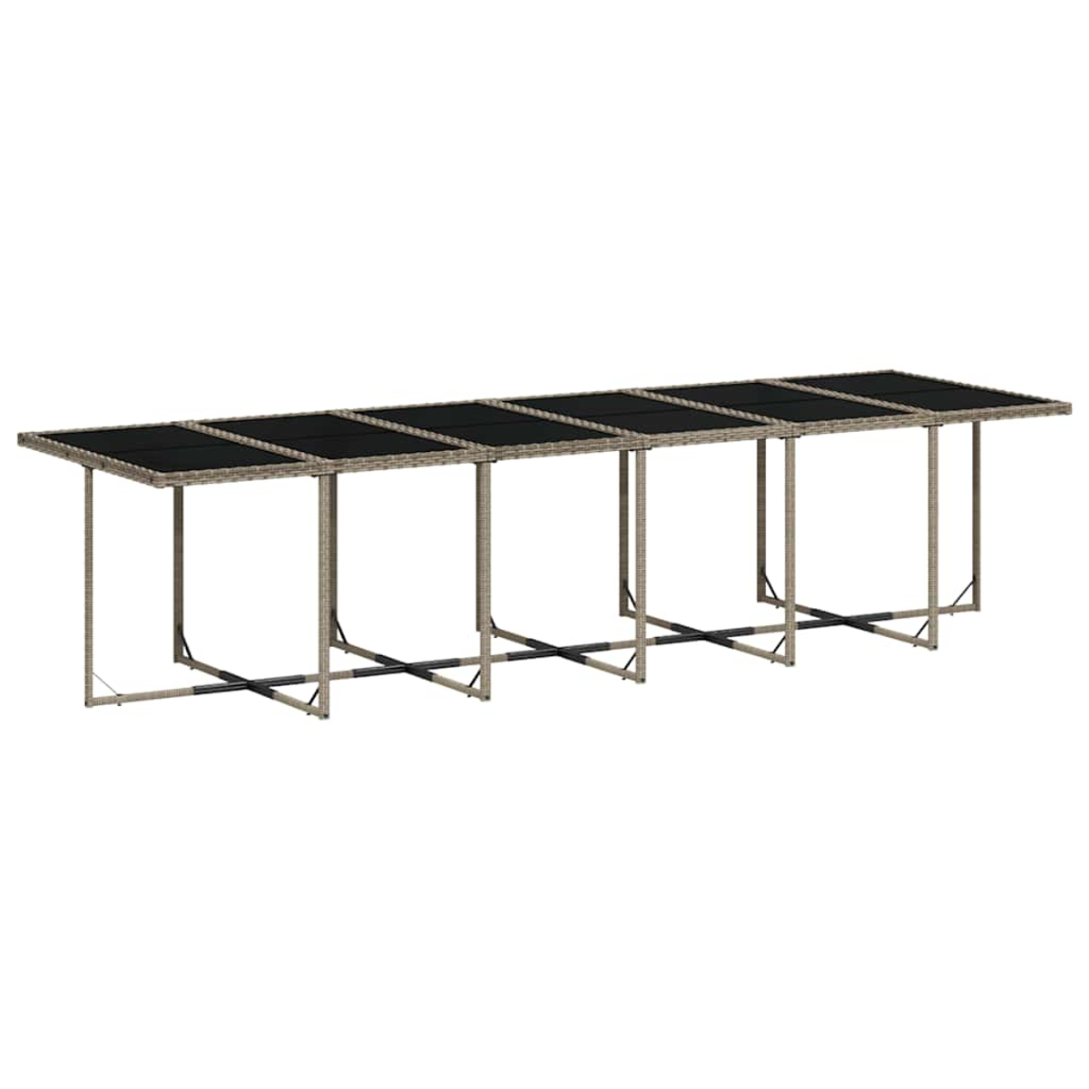 Langer Tisch mit sechs schwarzen Platten und Rattangeflecht-Beinen.
