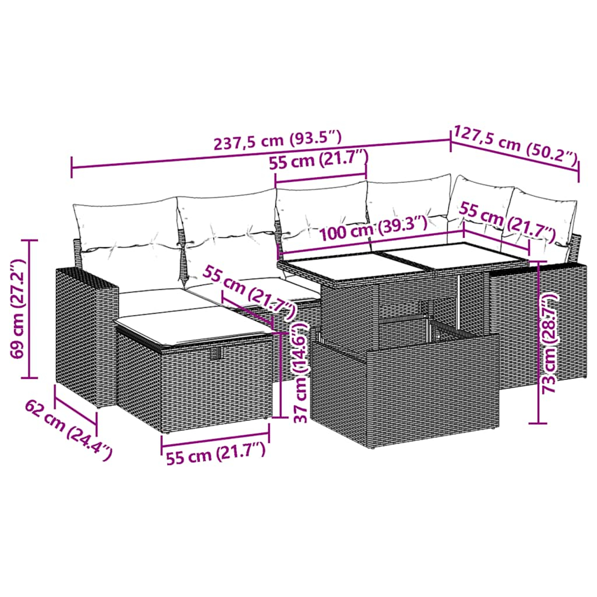 Rattan-Lounge-Set mit Maßen und weißen Kissen.