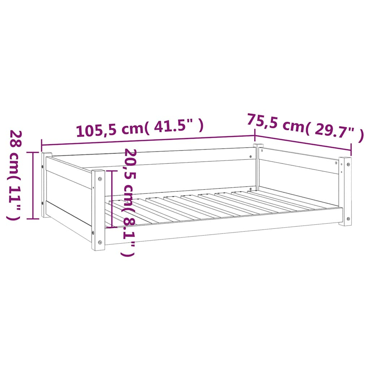 Eine Skizze eines Kinderbettes mit Maßen: 105,5 cm Länge, 75,5 cm Breite, 28 cm Höhe.