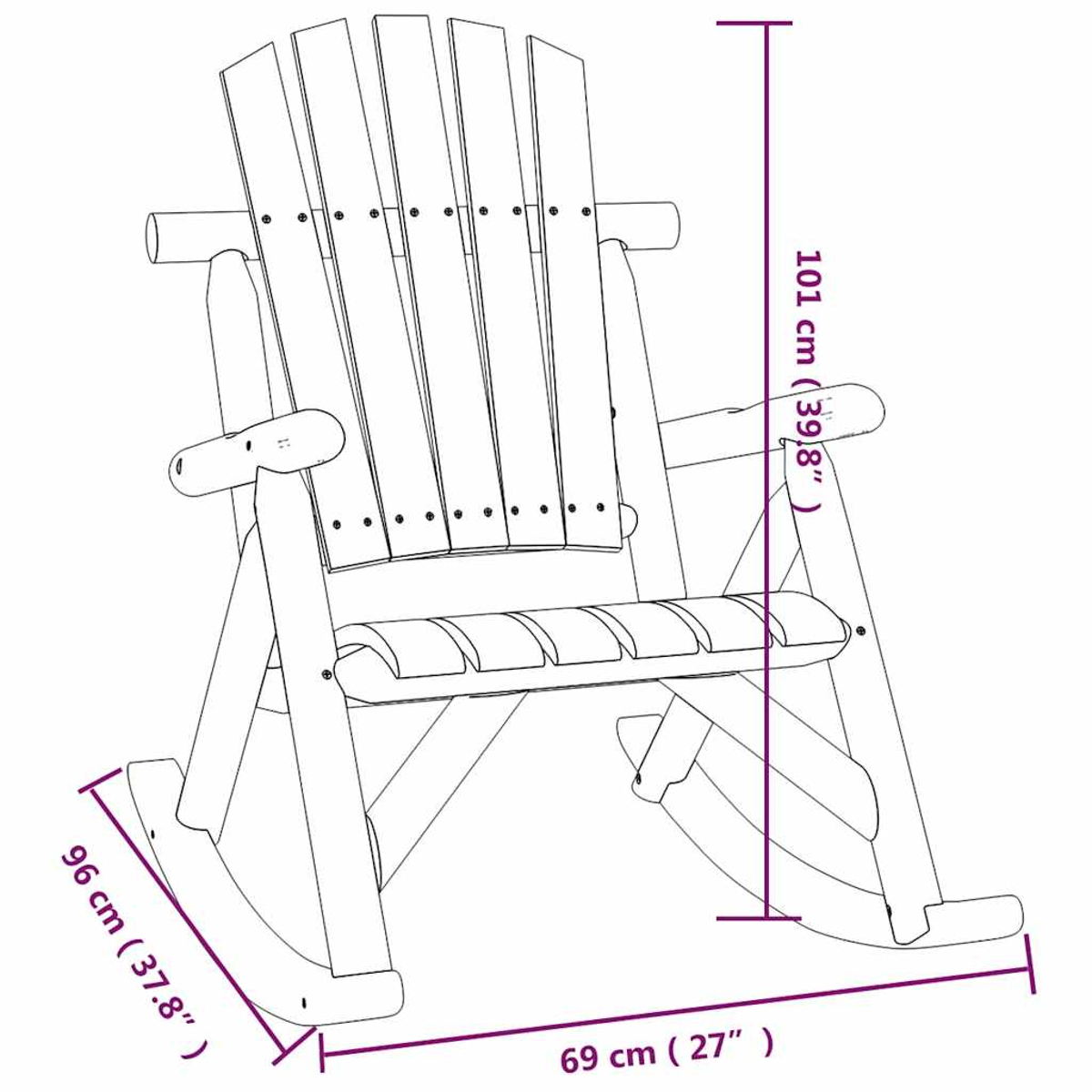 Holzschaukelstuhl mit Messungen: 101 cm hoch, 96 cm breit, 69 cm tief.