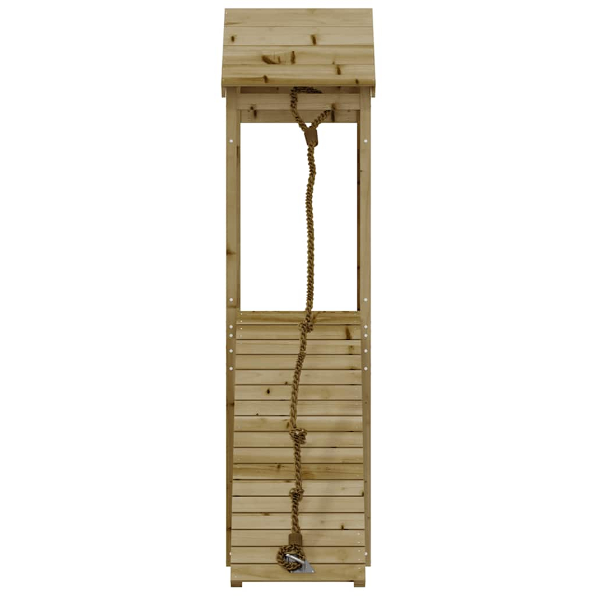 Ein hölzerner Kletterturm mit einem Seil, das von oben herabhängt.