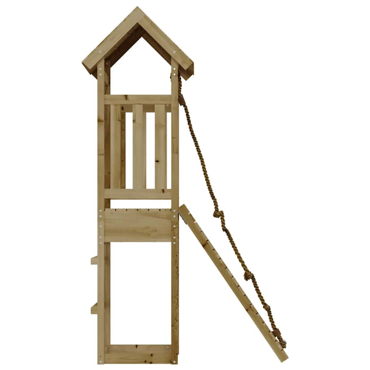 Ein hölzerner Spielturm mit Dach, einer Strickleiter und einer Rutsche.