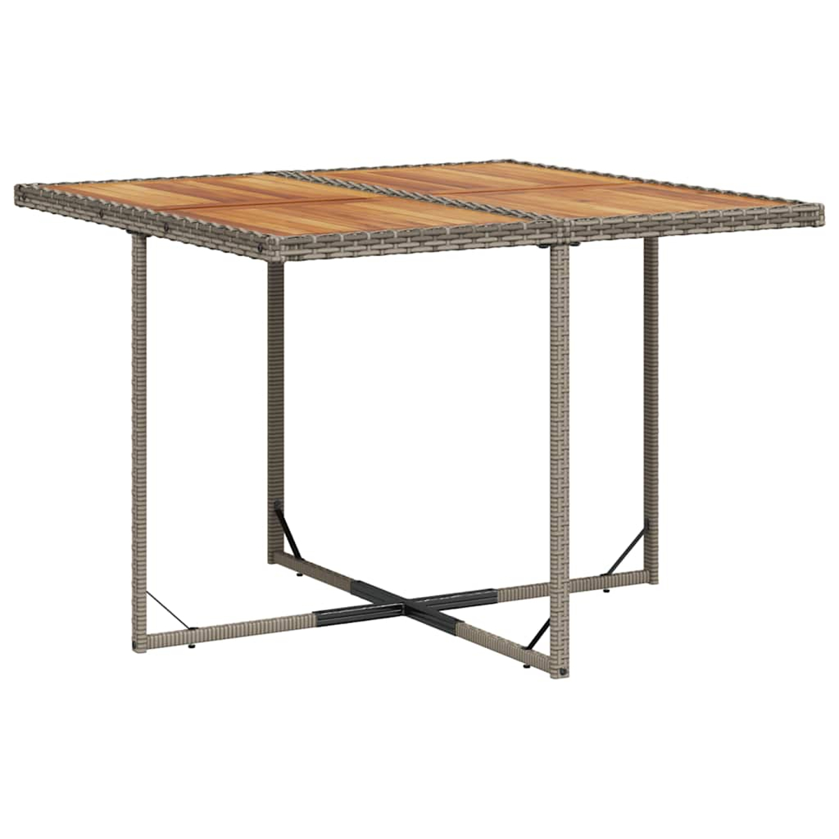 Ein rechteckiger Tisch mit Holzlattenplatte und grauem Rattangeflecht-Rahmen.