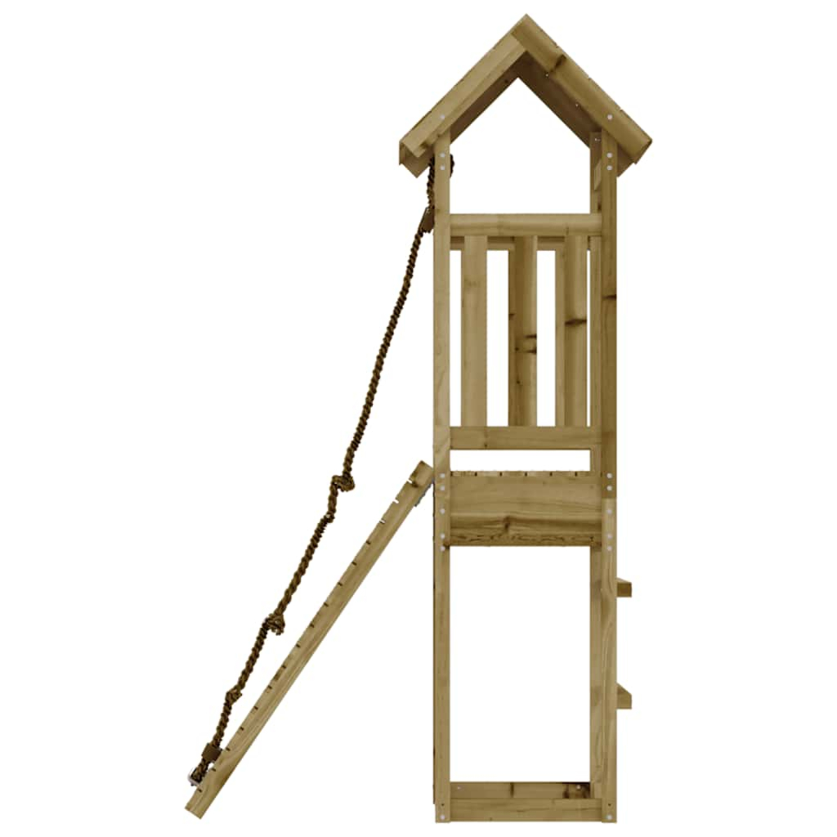 Ein hölzerner Kletterturm mit Strickleiter und Dach.