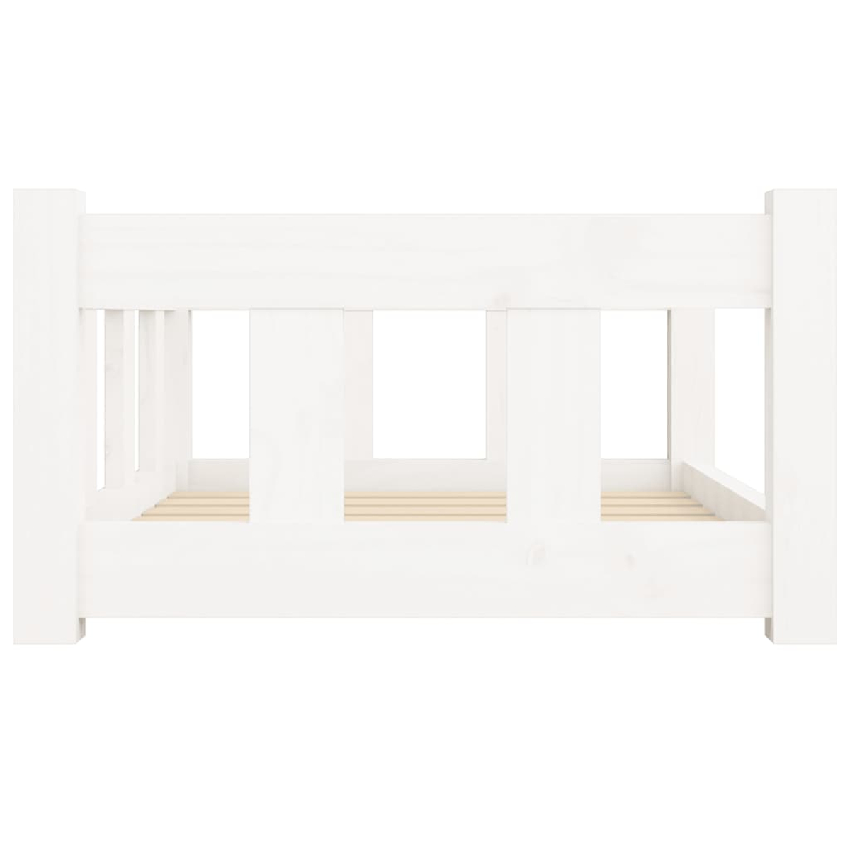 Ein weißes Kinderbettgestell mit Holzlattenrost, frontal aufgenommen.