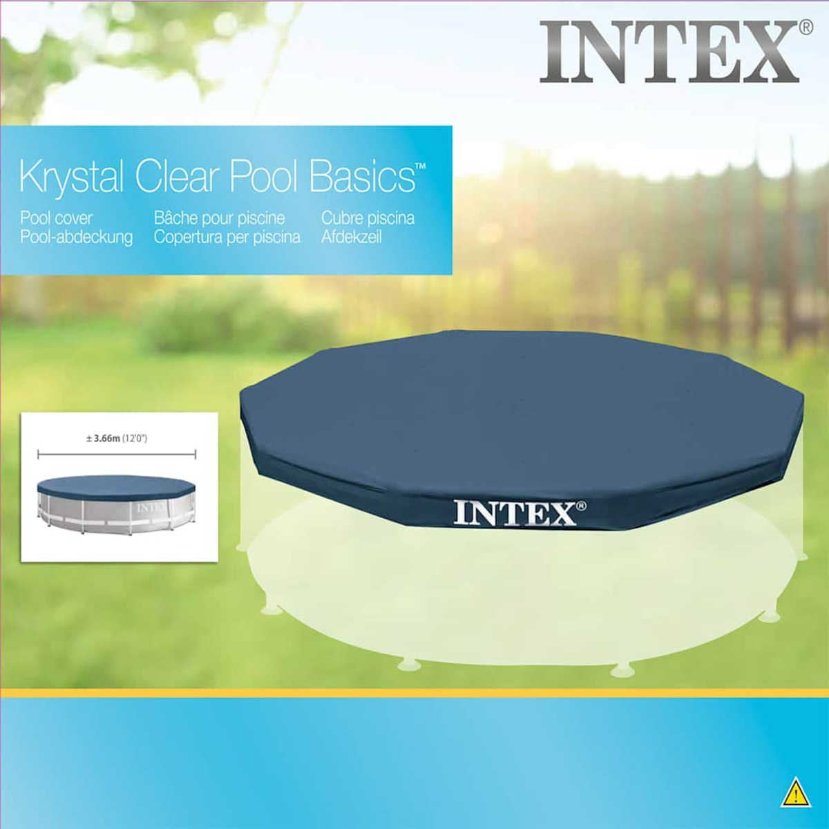 Eine blaue INTEX Poolabdeckung liegt auf einem Pool auf grünem Rasen.