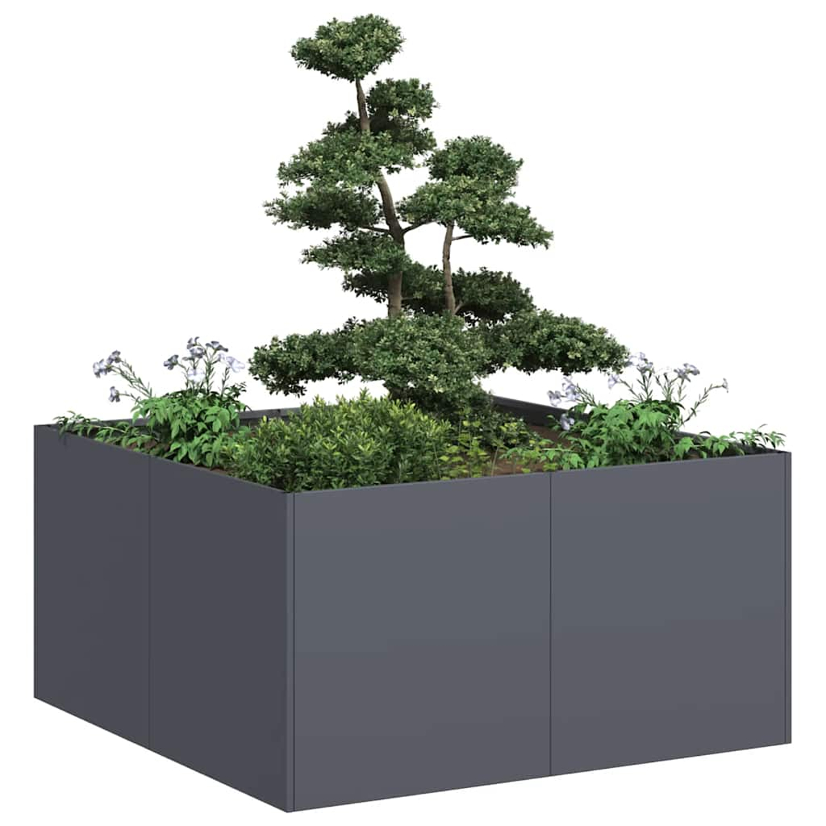 Una fioriera grigia con un bonsai e piante fiorite.