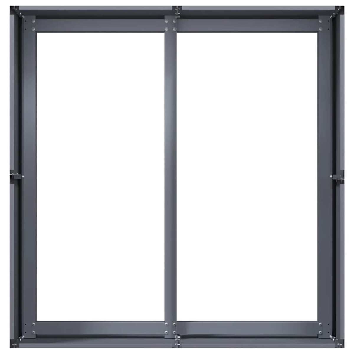 Telaio in metallo grigio con due grandi pannelli bianchi, simili a finestre o porte.