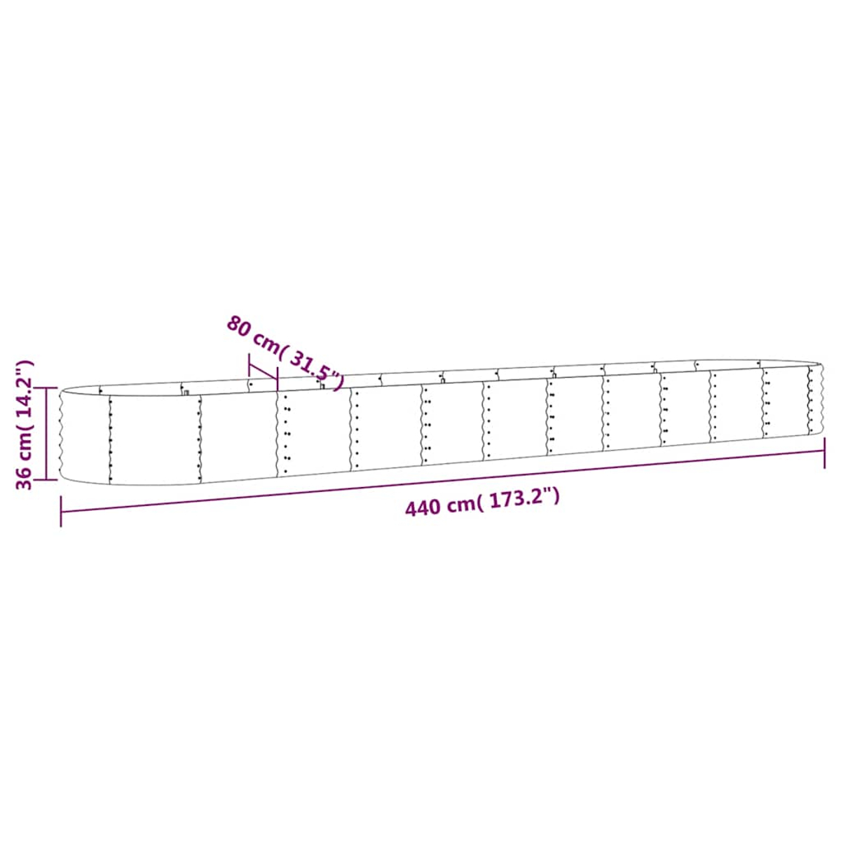 Längliche, weiße Struktur mit Maßangaben: 440 cm Länge, 80 cm Breite, 36 cm Höhe.