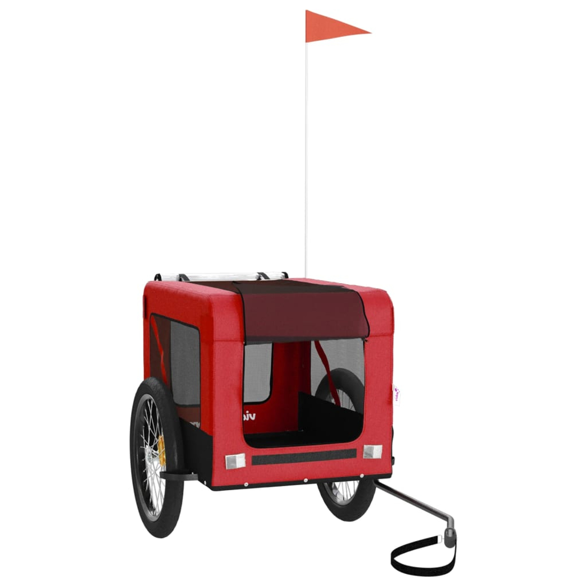 Roter Fahrradanhänger mit einem orangefarbenen Fähnchen, auf weißem Hintergrund.