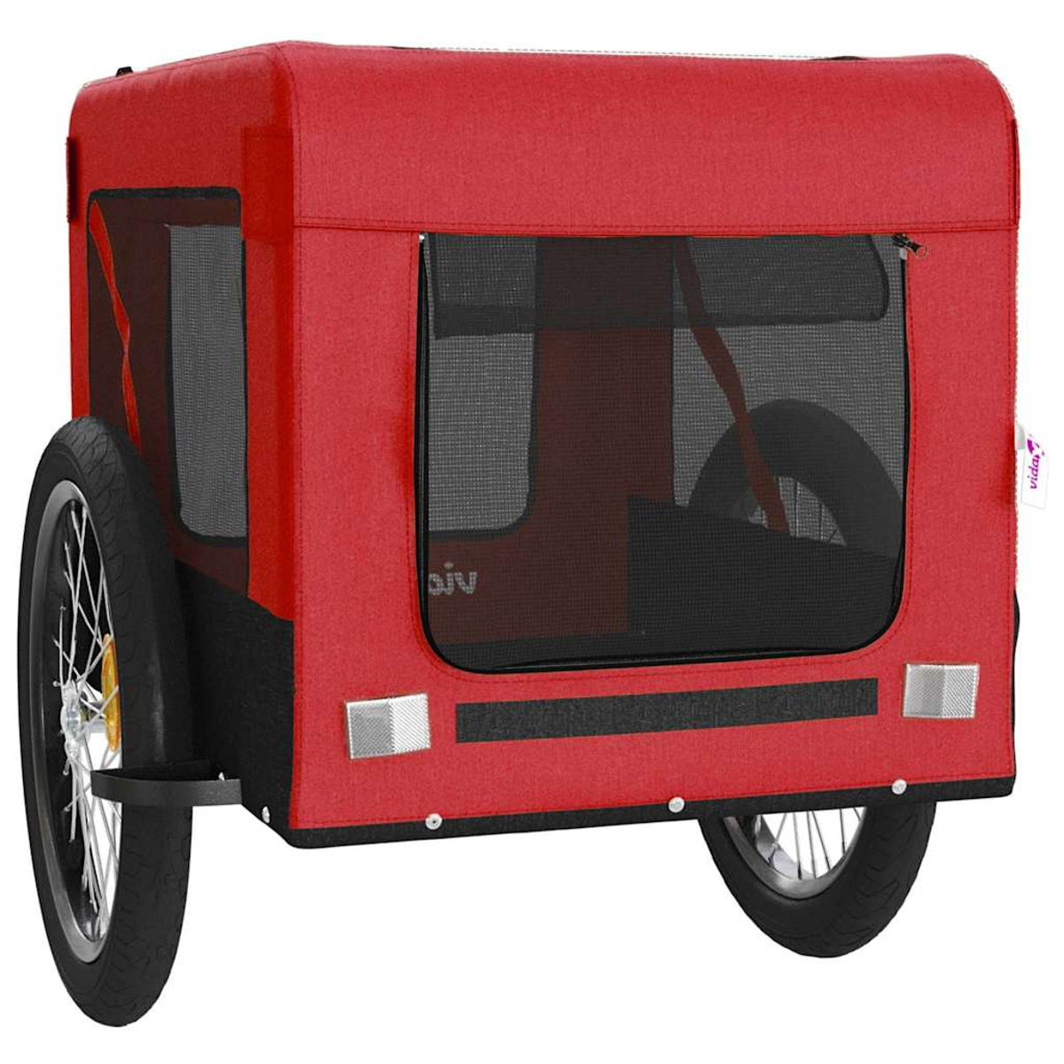 Roter Anhänger mit schwarzen Fenstern und Rädern, für Haustiere.