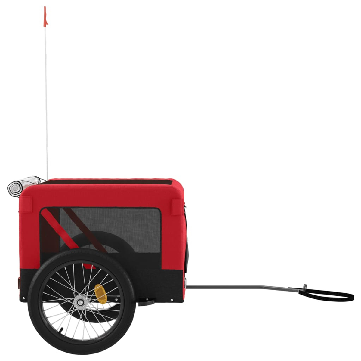 Roter Fahrradanhänger mit schwarzem Stoff und Netzfenstern, Sicherheitsfahne oben.