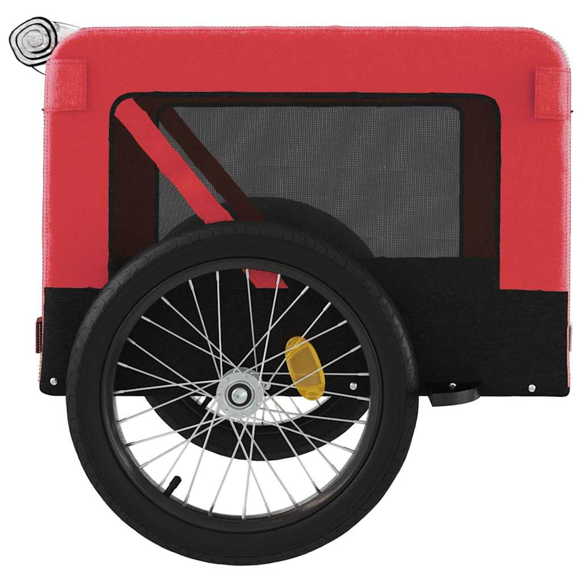 Ein roter Fahrradanhänger mit schwarzem Stoff und einem Speichenrad.