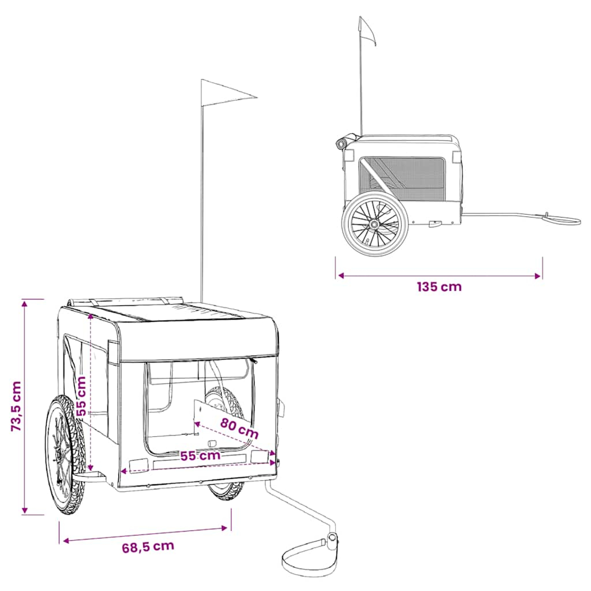 Technische Zeichnung eines Anhängers mit Maßen: Höhe 73,5 cm, Breite 68,5 cm, Länge 135 cm.