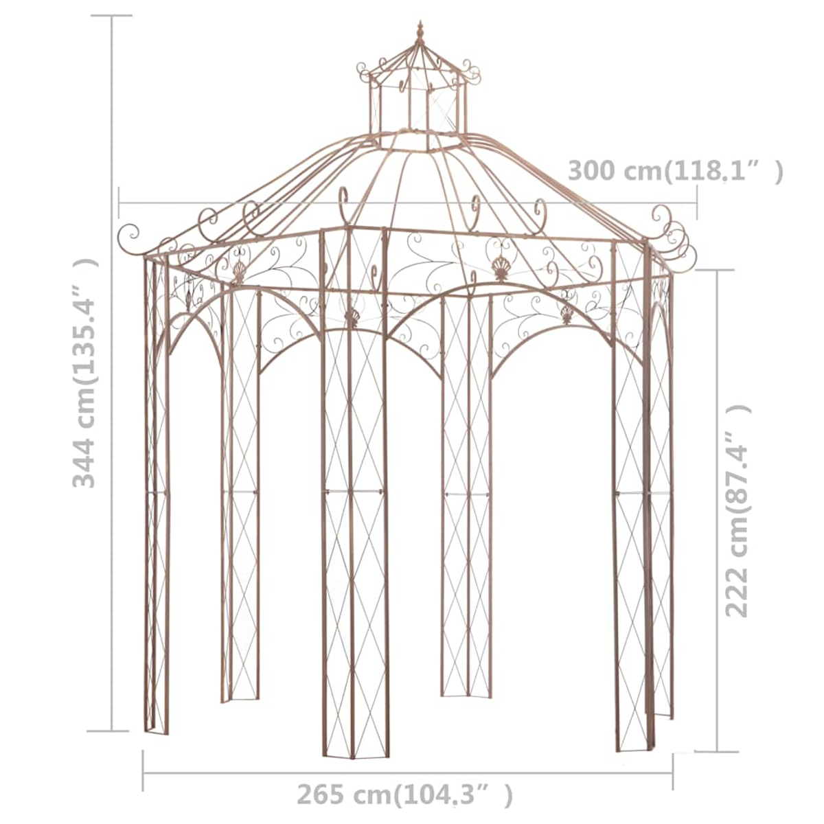 Bronzefarbener Pavillon mit vier Säulen, Maße 344x300x265 cm.