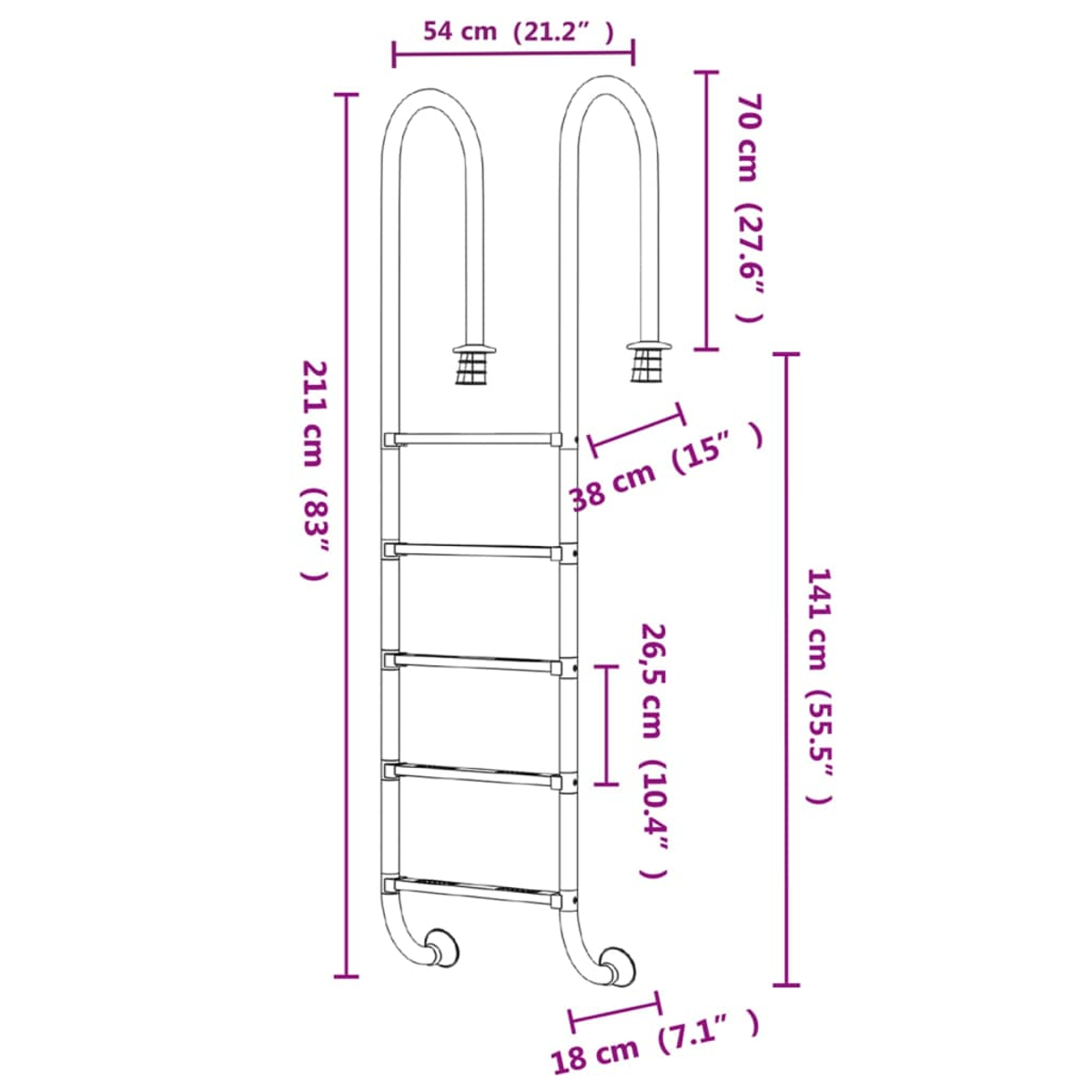 Diagramm einer silbernen Leiter mit Maßen. Breite 54cm, Höhe 211cm.