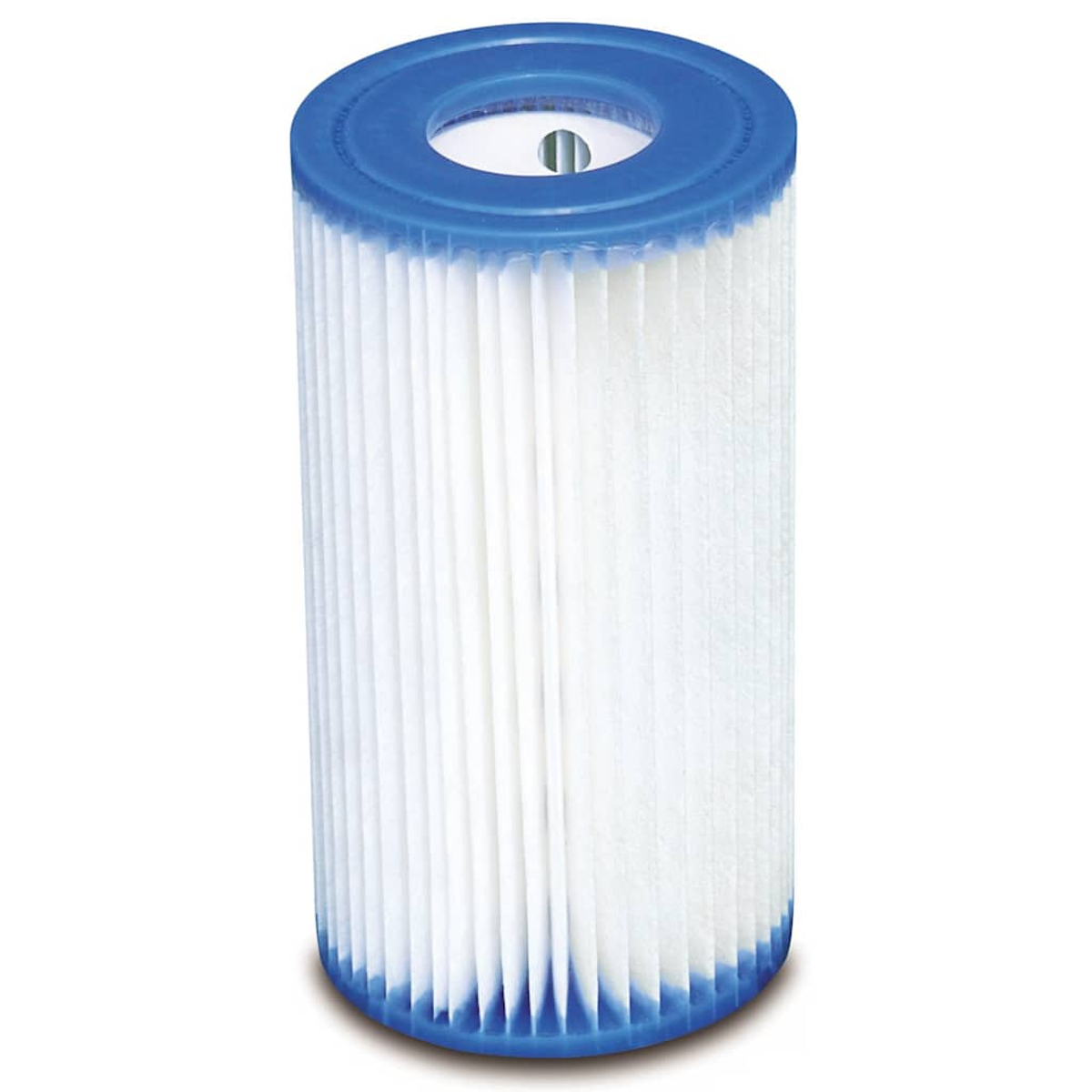 Ein weißer Filter mit blauem Deckel und Boden im Faltenbalg-Design.