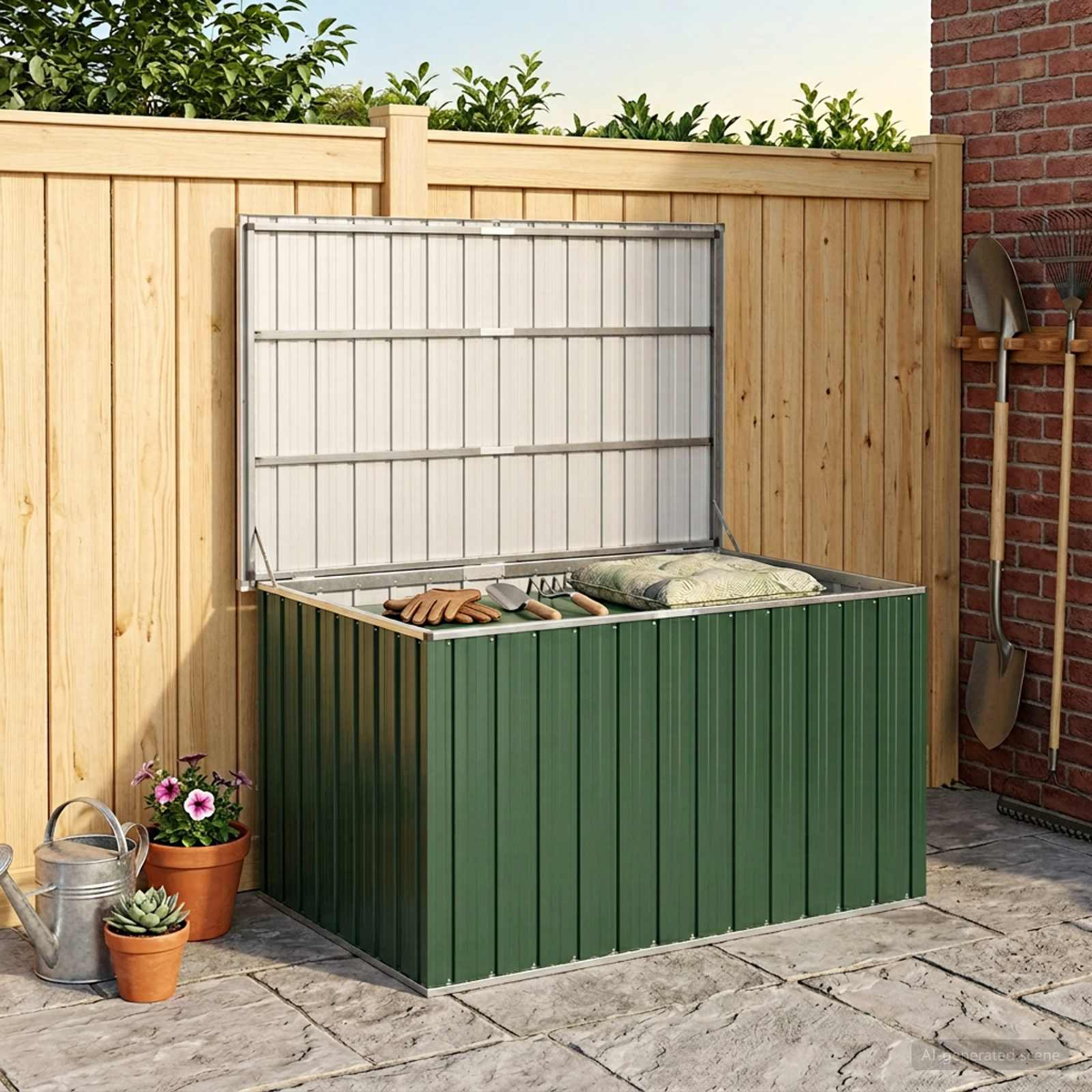 Cassetta da giardino verde con coperchio aperto, attrezzi e cuscino all'interno.