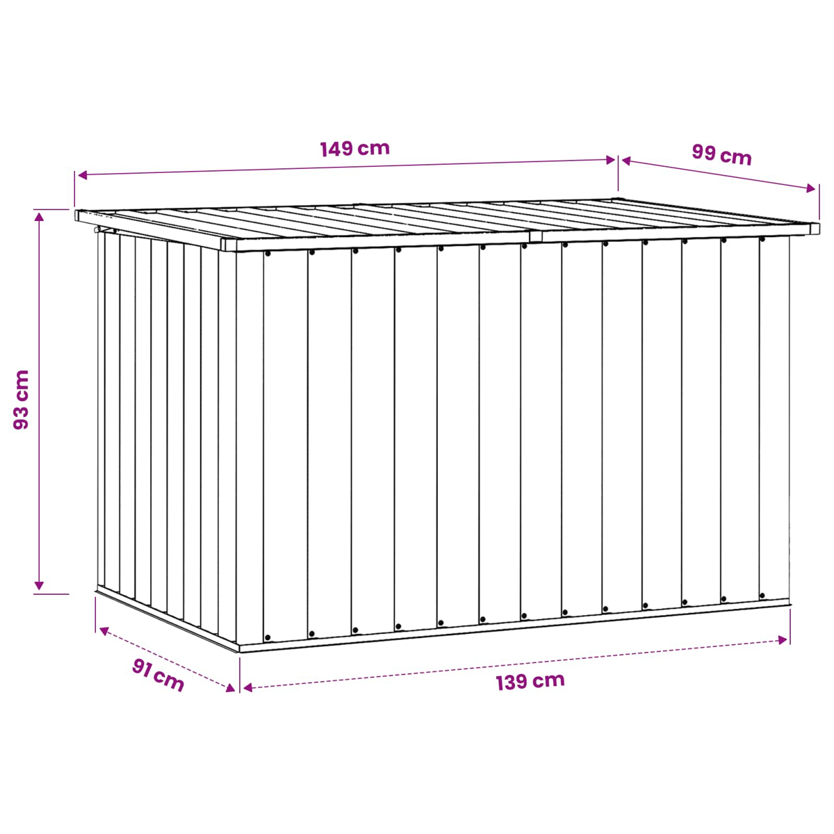 Capanno in legno con dimensioni: 149x91x93 cm, lunghezza 139 cm.
