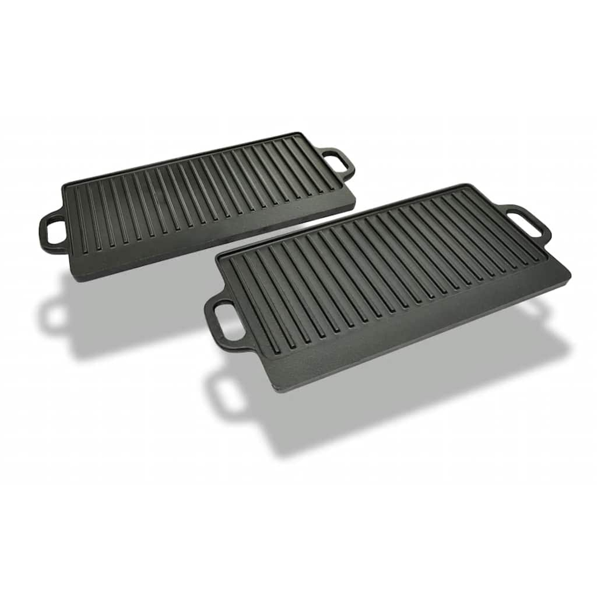 Dos planchas de hierro fundido negras con ranuras y asas.