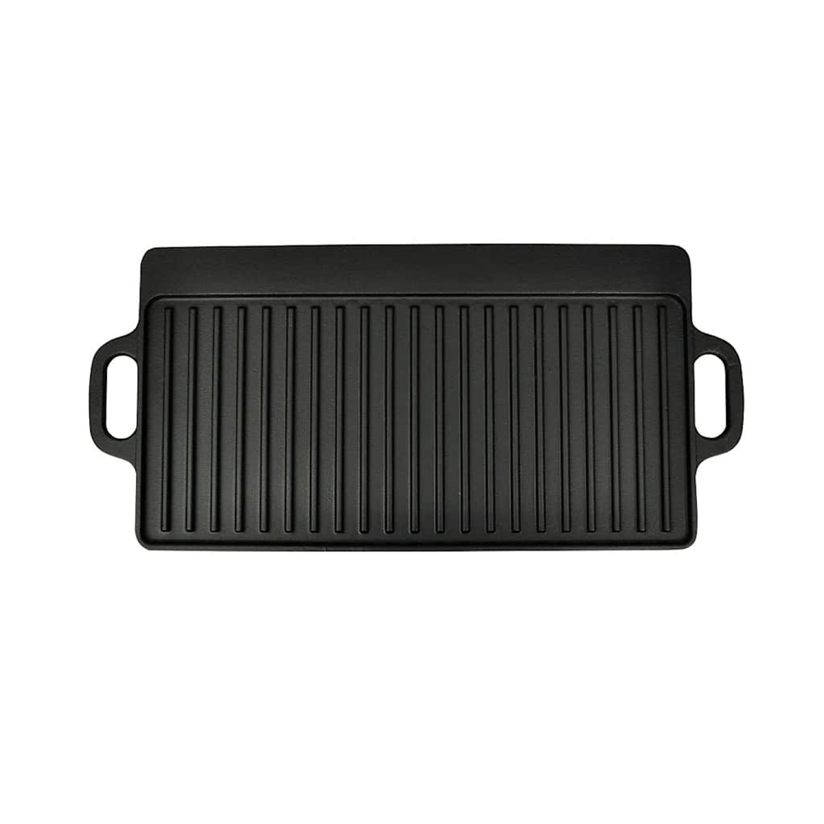 Una plancha negra con asas y ranuras.