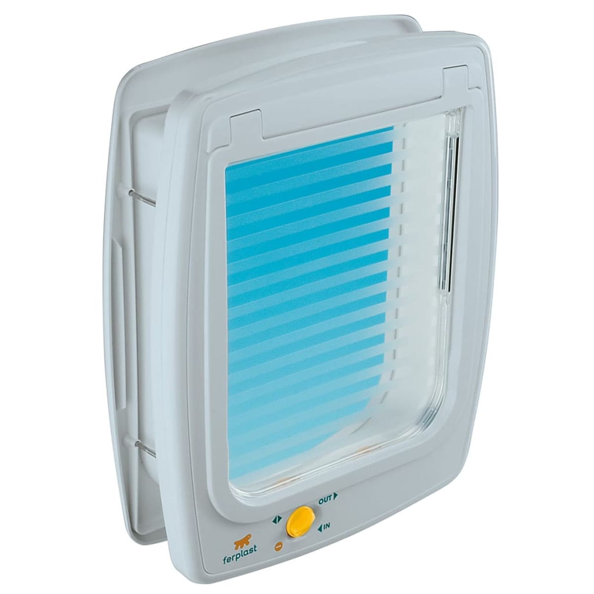Puerta gris para mascotas con solapa azul y botón amarillo.