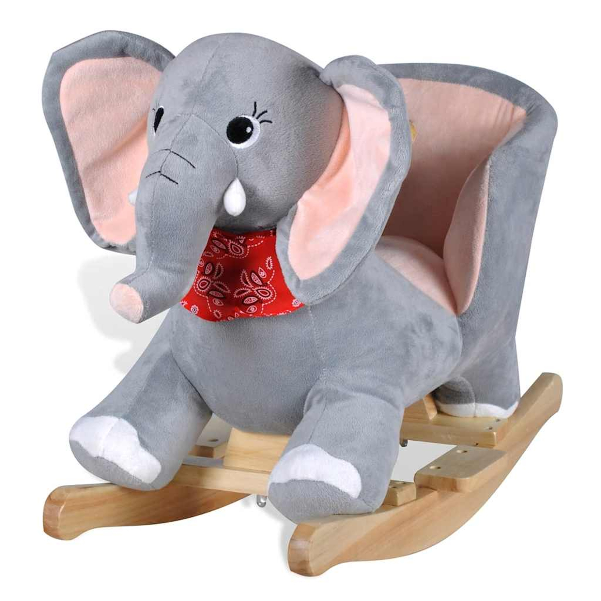 Grauer Plüschelefant auf Schaukelgestell mit rotem Bandana.