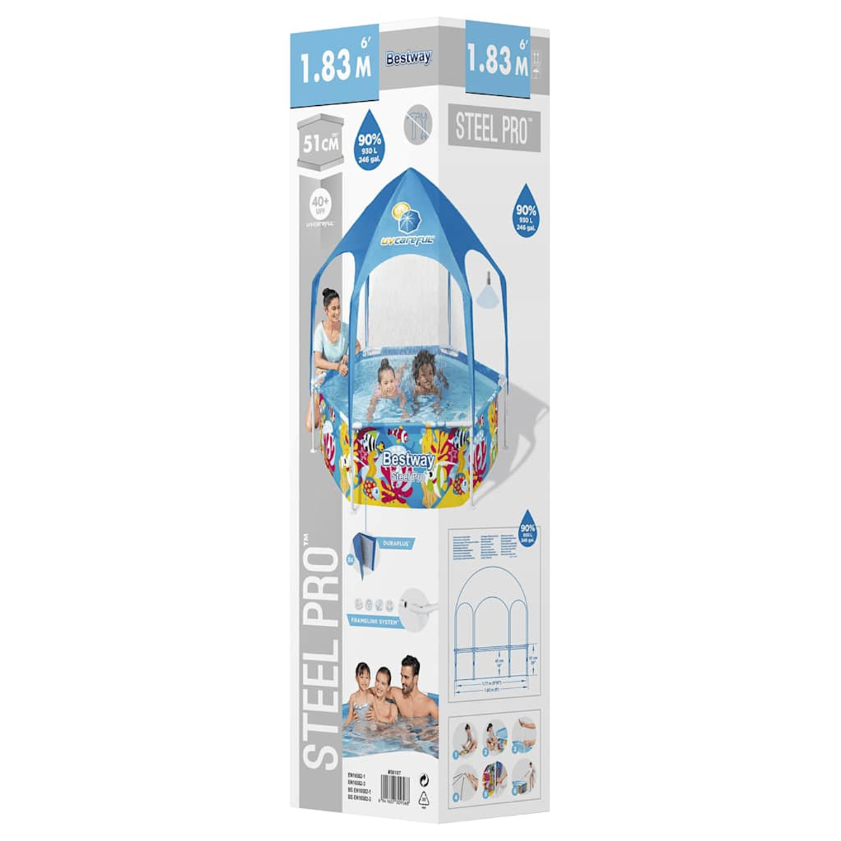 Piscina Bestway Steel Pro: 1,83m larga, 51cm alta, con tettoia e bambini.