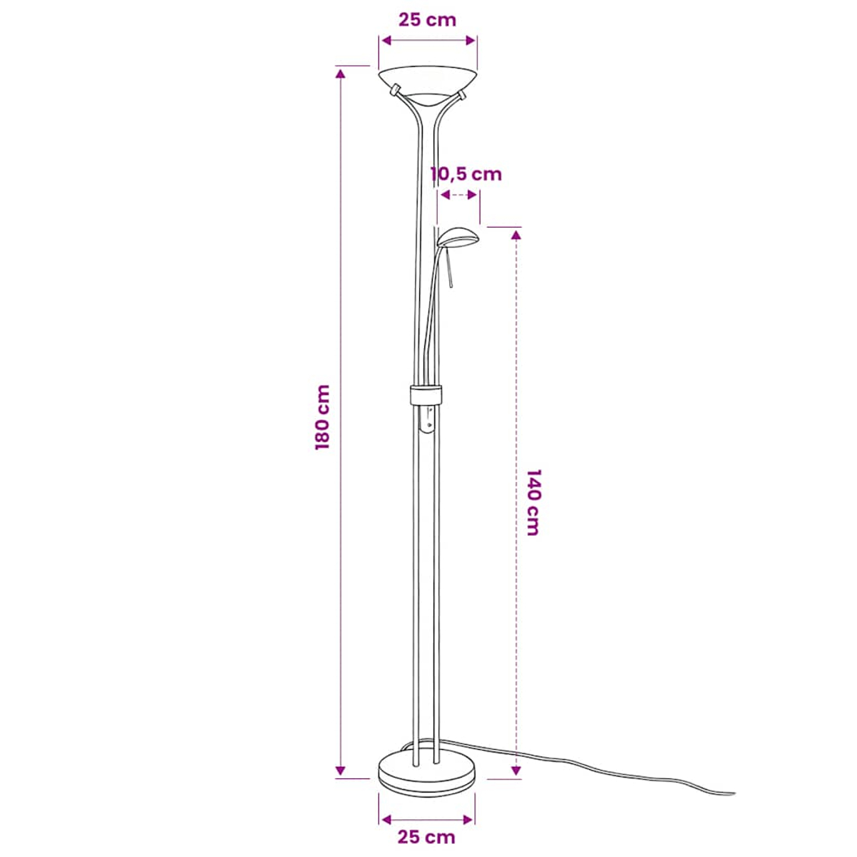 Eine Stehlampe mit zwei Lichtern, 180 cm hoch, mit Maßen.