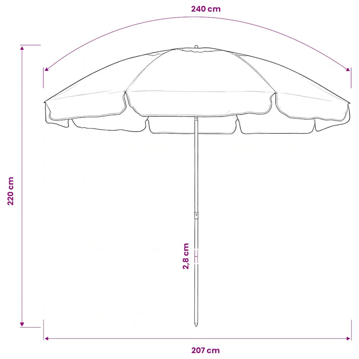 Ein Sonnenschirm mit Maßen: 240cm Breite, 220cm Höhe, 207cm Tiefe, 2,8cm Stabdurchmesser.