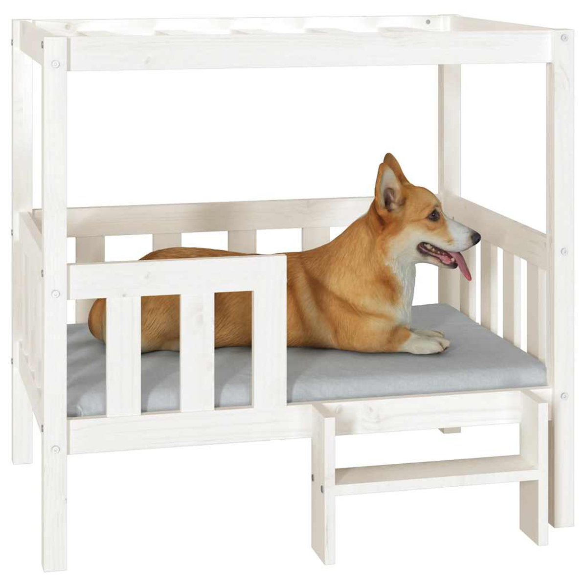 Ein Corgi liegt auf einem grauen Kissen in einem weißen Hundebett mit Leiter.
