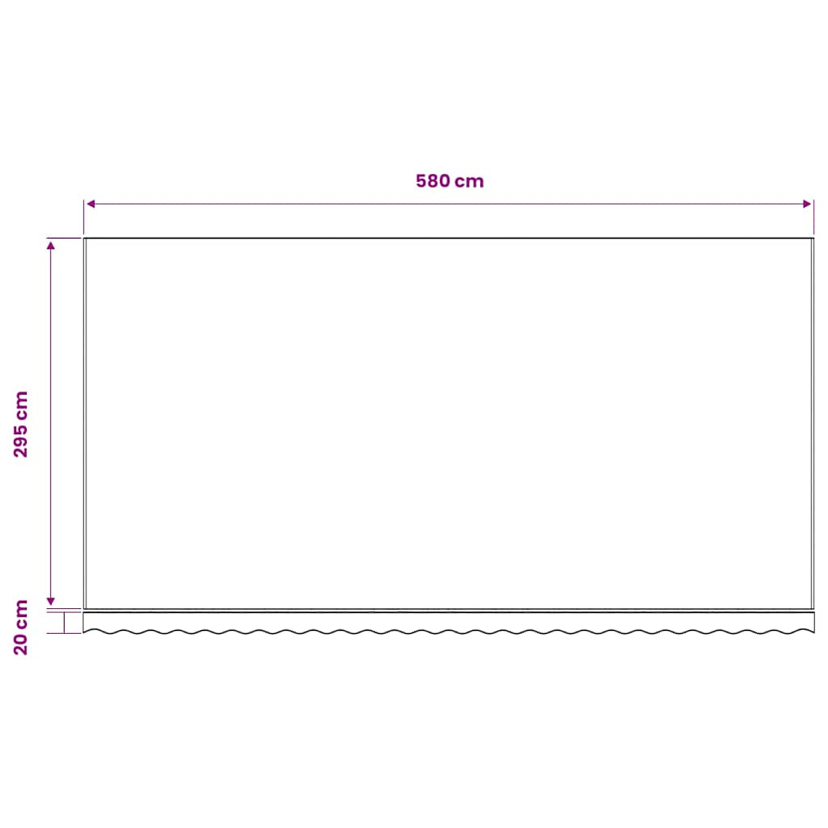 Schemazeichnung mit Maßen: 580 cm Breite, 295 cm Höhe, 20 cm Sockel.