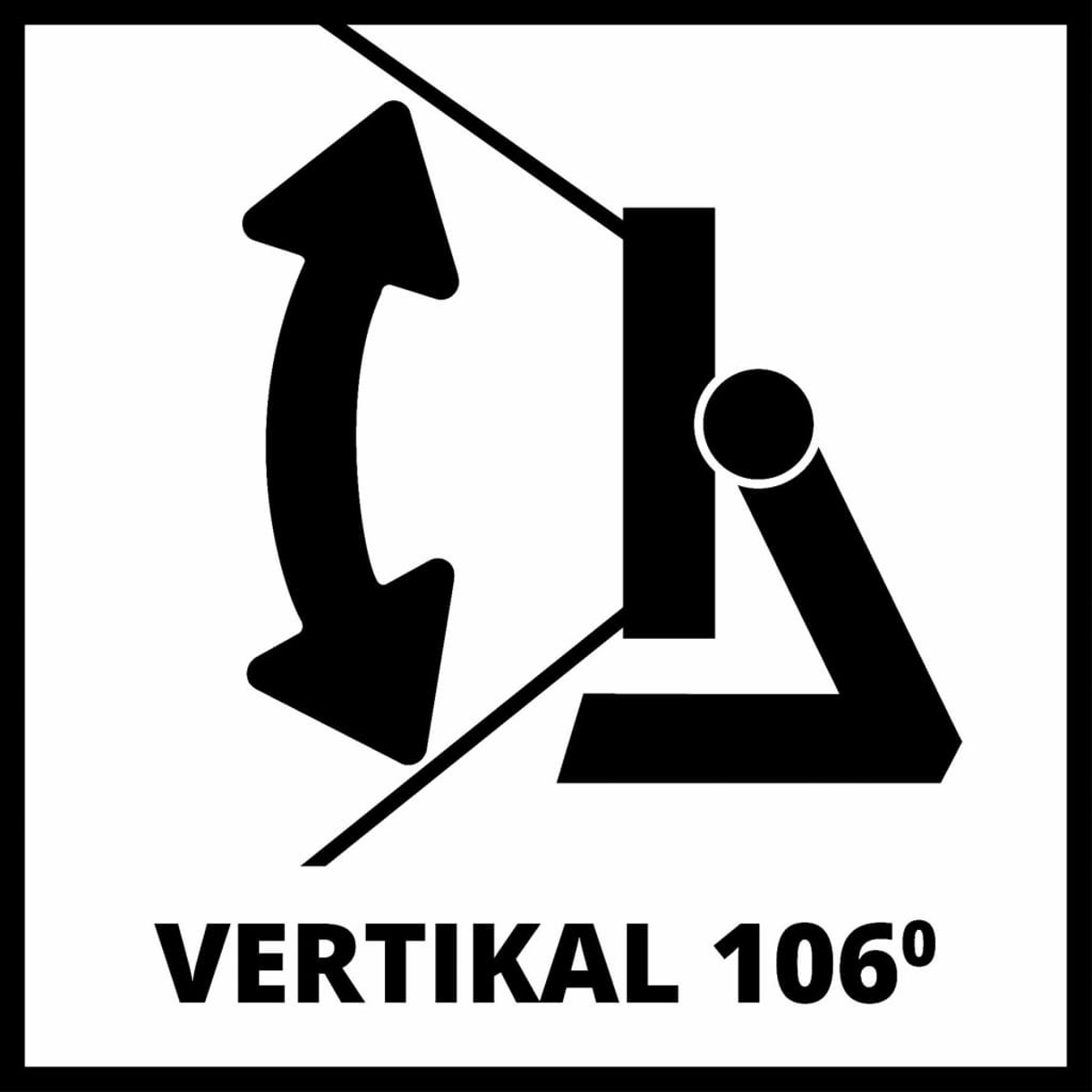 Symbol für vertikale 106°-Bewegung mit Pfeilen und Winkeln.
