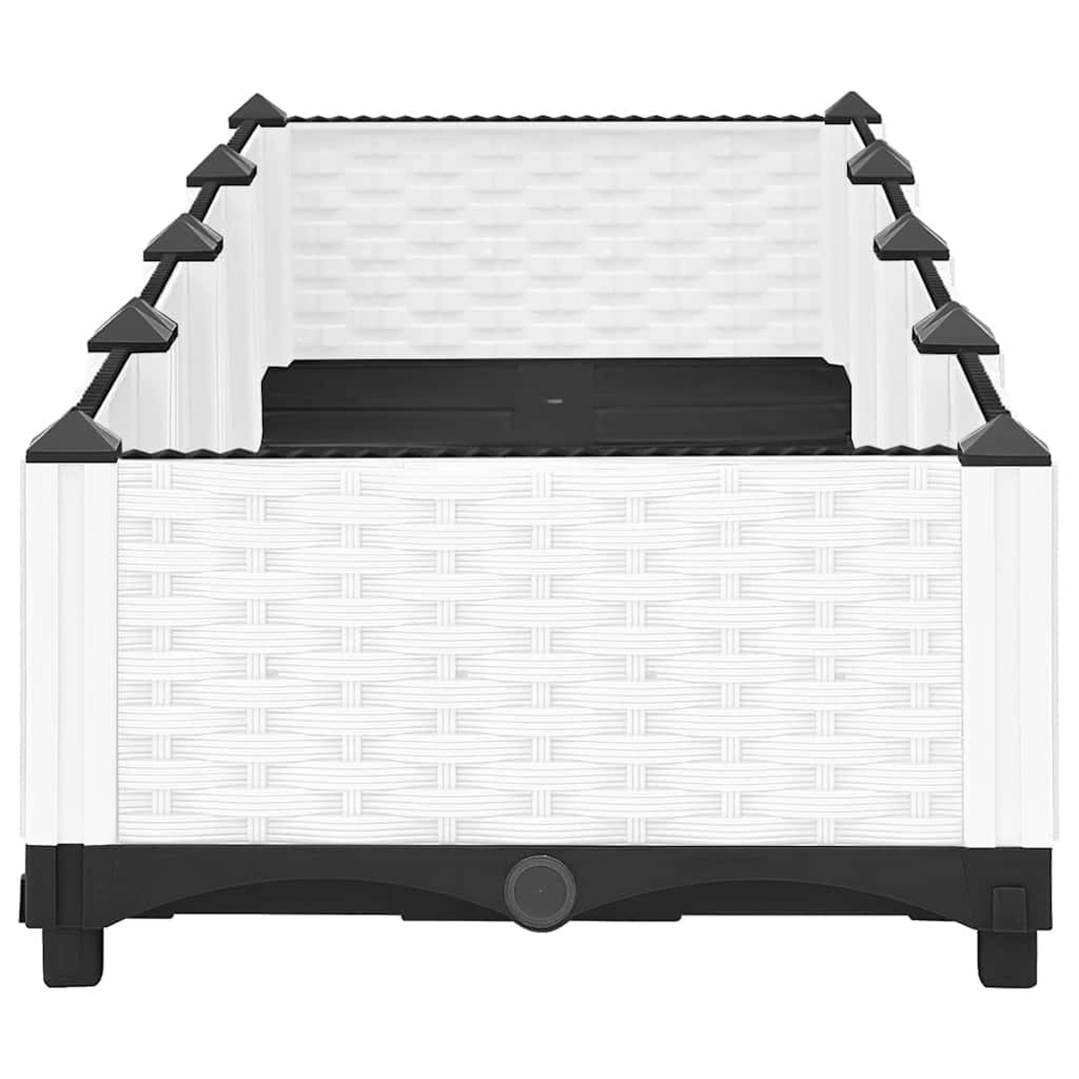 Weiße Aufbewahrungsbox mit schwarzem Deckel und Ecken, Rattan-Optik.