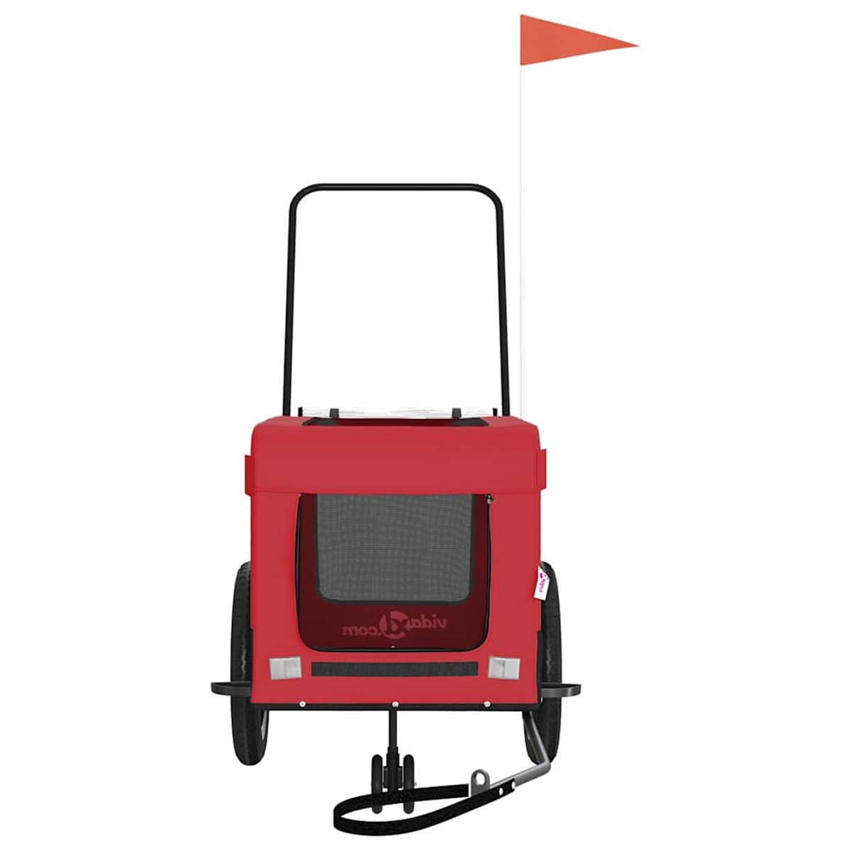 Roter Hundewagen mit Netzfenster, Griffen, Rädern und orangenem Wimpel.