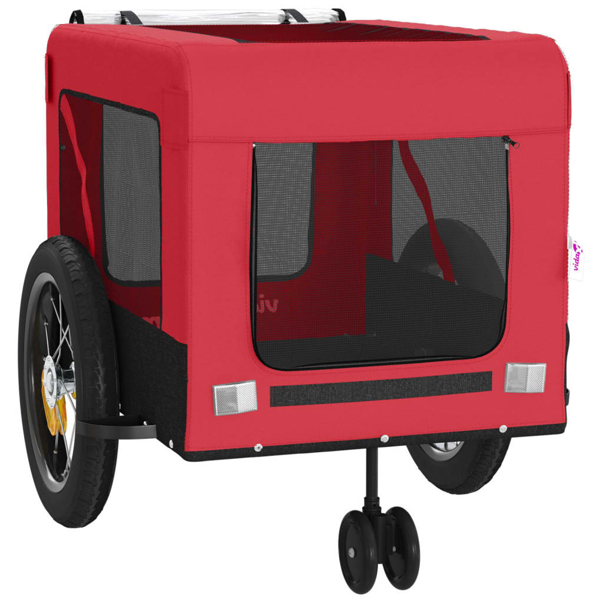 Roter Kinderwagenanhänger mit Netzfenstern, Rädern und Griff.
