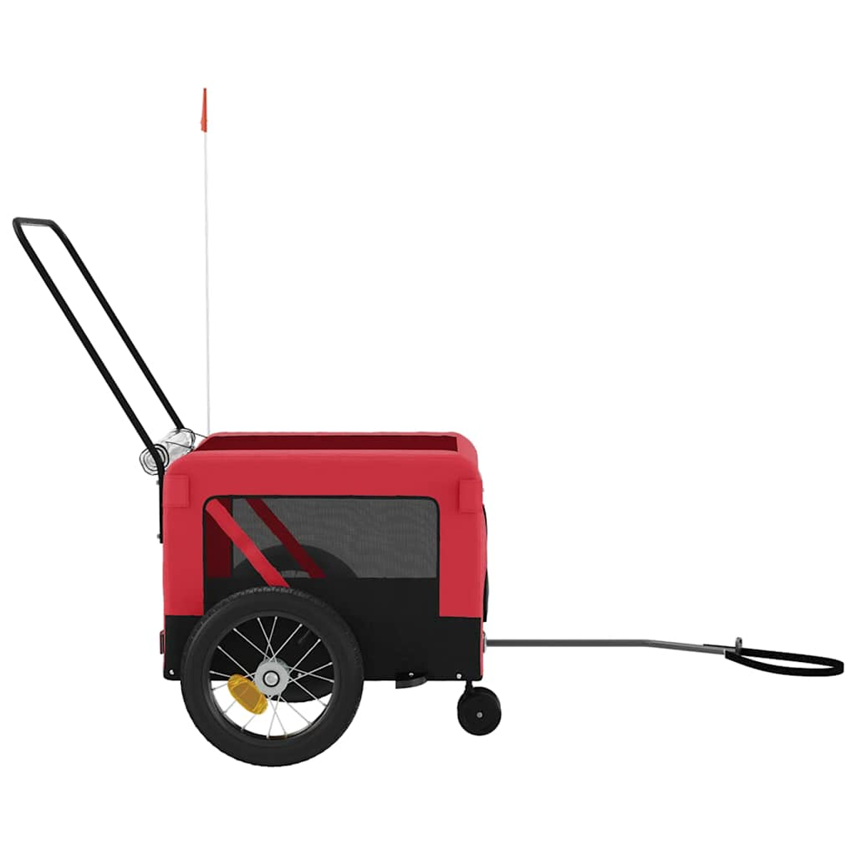 Ein roter und schwarzer Fahrradanhänger für Haustiere mit einem Rad und Griff.